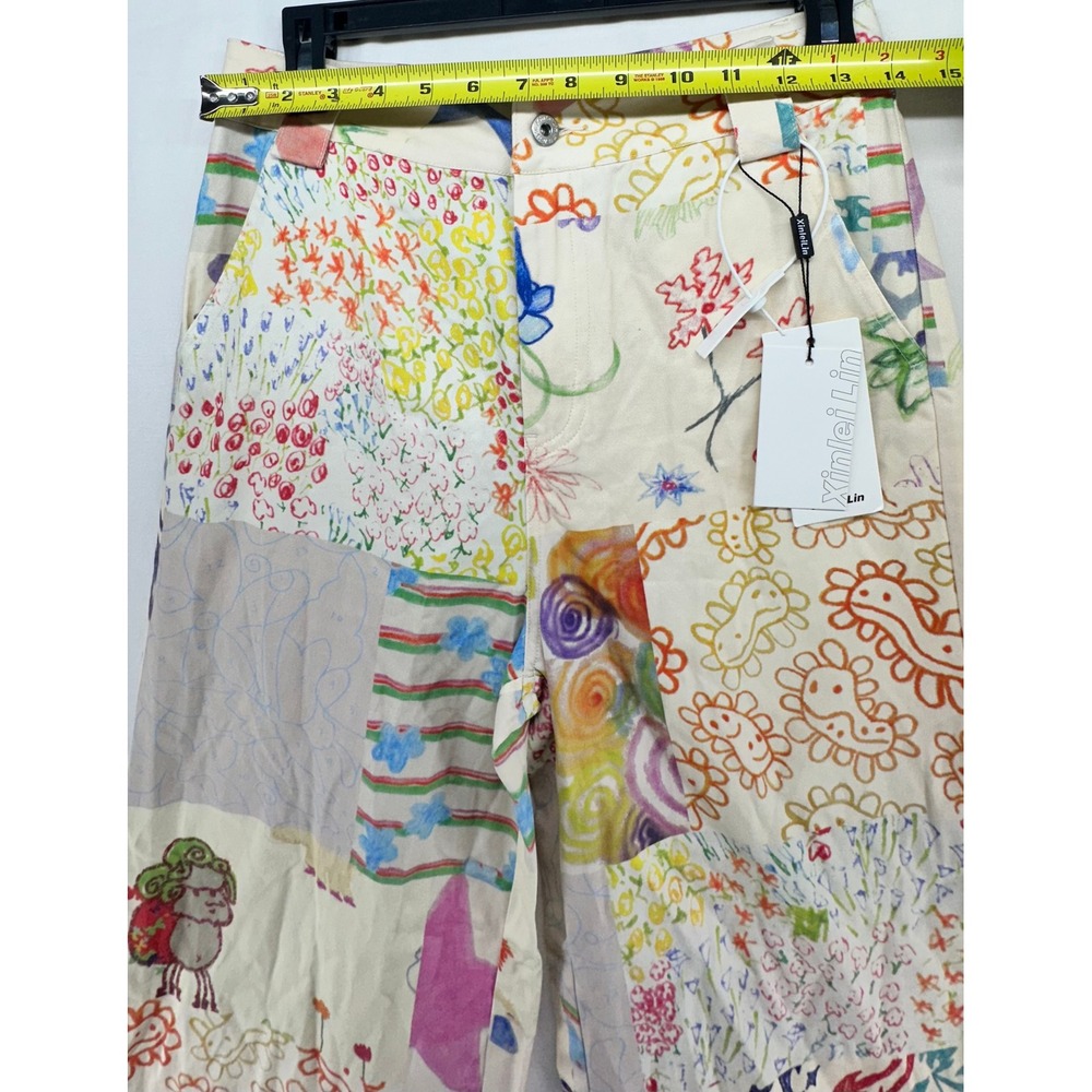 Xinlei Lin Patchwork Crayon Print Wide Leg Pants Multi-Color Women Size S NEW - Picture 4 of 12